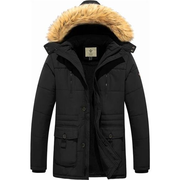 Men's Winter Coat Warm Parka Jacket with Faux Fur Removable Hood Black
